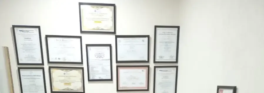 Nine framed certificates hung in two rows on a plain wall inside the clinic.